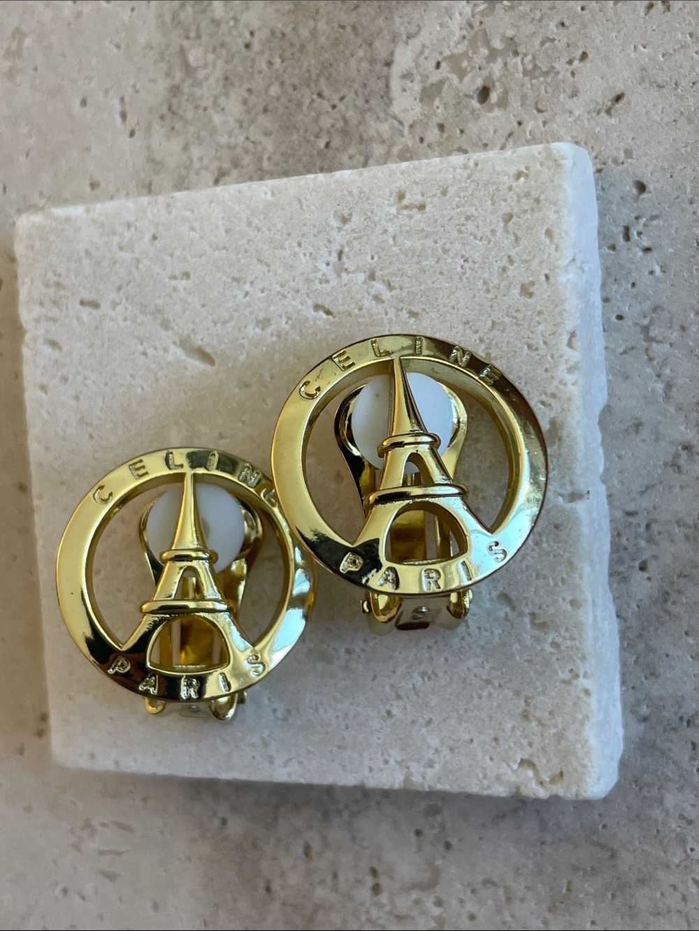 Celine Gold-tone Eiffel Tower Clip-On Earrings with Cream Accents - Picture 3 of 6